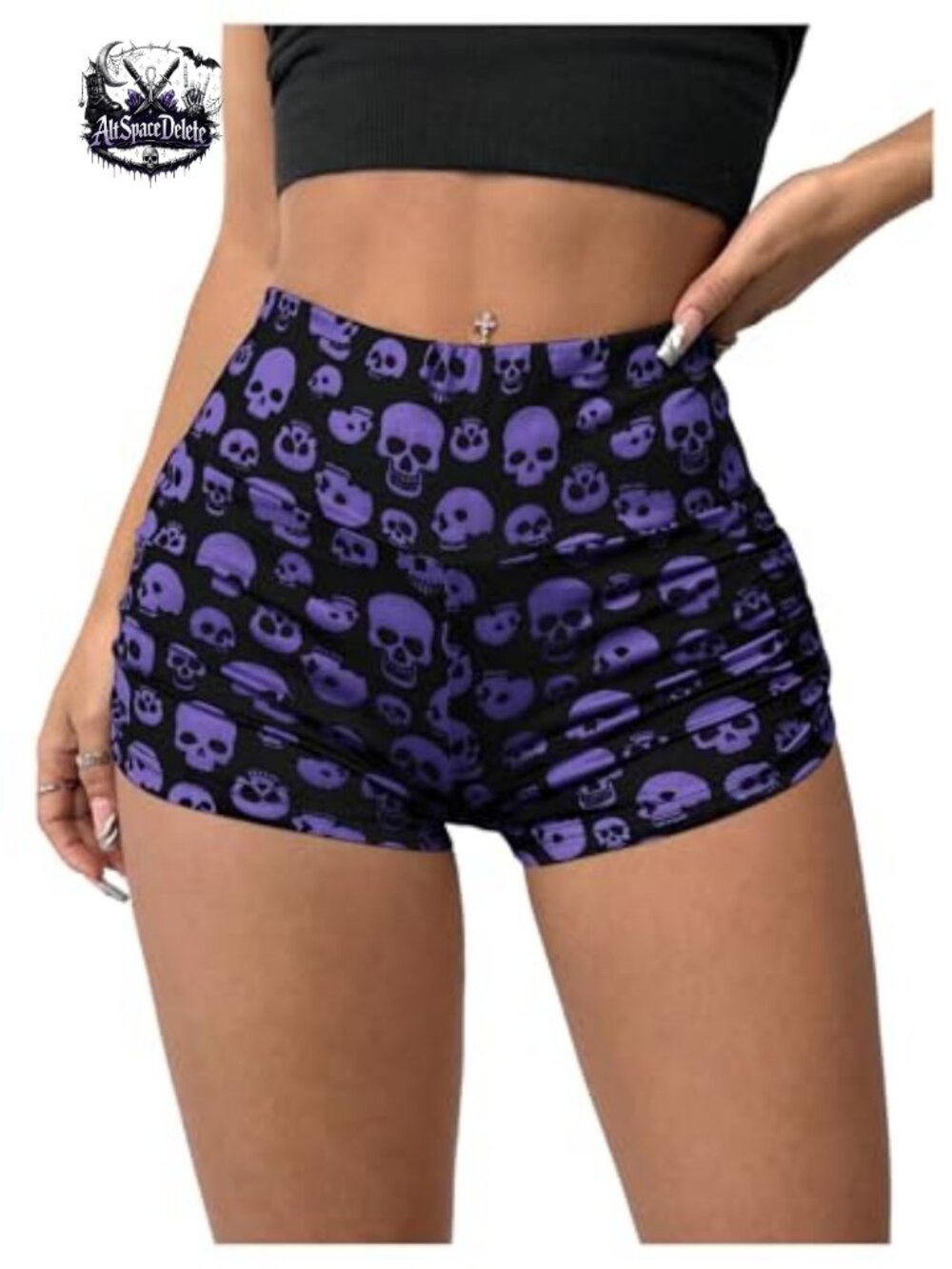 WDIRARA Women's Goth High Waisted Ruched Yoga Biker Skeleton Shorts